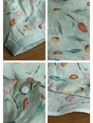 Áo sơ mi linen ngắn tay cổ pipi in hoa tulip sắc màu - NU8544