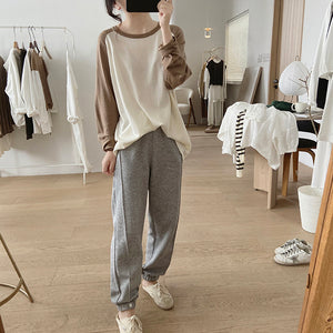 Áo T-shirt dệt kim dài tay phối lệch màu cổ tròn - NU8099
