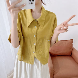 Áo sơ mi linen ngắn tay cổ sen nhọn hai túi vuông - NU7511