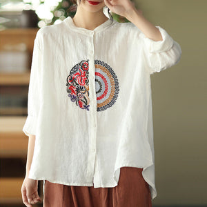 Áo sơ mi linen dài tay cổ tàu thêu hoa văn retro trước ngực - NU6708