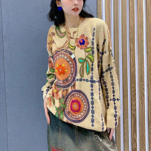 Áo len cashmere dài tay cổ tròn form rộng móc hoa màu sắc - NU7795