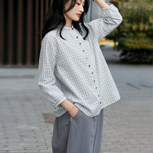 Áo sơ mi linen tay lửng cổ pipi kẻ sọc caro - NU6745
