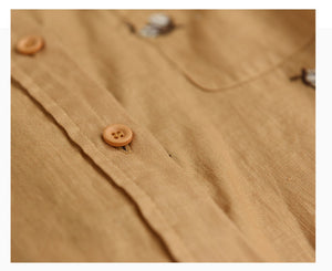 Áo sơ mi linen dài tay cổ pipi thêu hoa cafe - NU7482