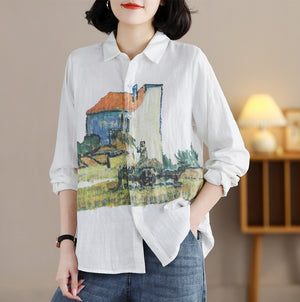 Áo sơ mi linen dài tay cổ đức in tranh đồng quê - NU8341