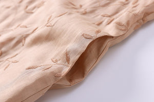 Đầm liền linen ngắn tay cổ đứng khuy lệch thêu hoa lá - NU8372