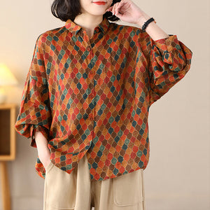 Áo sơ mi linen dài tay cổ đức in hình retro form rộng - NU8314