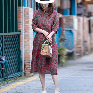 Đầm liền linen ngắn tay cổ tròn xếp ly in hoa liti - NU8275