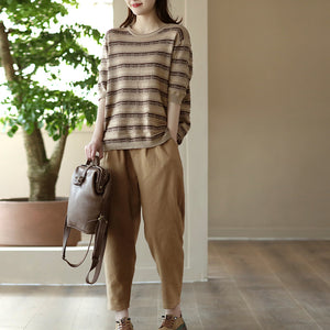 Áo T-shirt ngắn tay dệt kim kẻ sọc hoa văn retro - NU8490