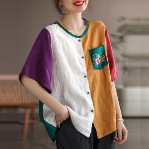Áo sơ mi linen ngắn tay cổ tròn mảng màu thêu hoa trước túi - NU7053
