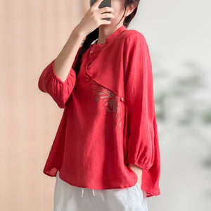 Áo sơ mi linen tay lửng cổ tàu vạt chéo thêu hoa văn - NU8280