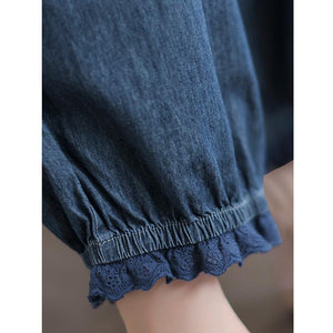 Quần baggy denim thêu hoa gấu thun đính ren - NU7626