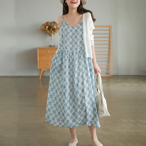 Đầm liền linen hai dây cổ V in hoa lá - NU7071