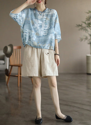 Áo T-shirt linen ngắn tay cổ tròn bo thun in hoa văn - NU7302