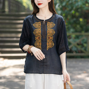 Áo sơ mi linen ngắn tay cổ tròn xẻ thêu đối xứng - NU8541
