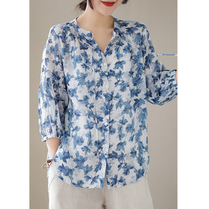 Áo sơ mi linen tay lửng cổ tròn cột dây in hoa lá - NU8533