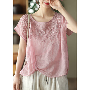 Áo T-shirt linen sát nách cổ tròn thêu hoa văn kiểu lệch tà - NU7297