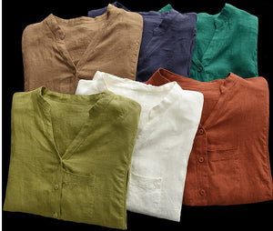 Áo sơ mi linen ngắn tay cổ V túi tròn kiểu - NU7059