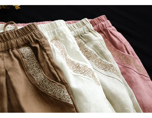 Quần baggy linen lưng thun dây rút hai túi viền thêu hoa văn - NU7167