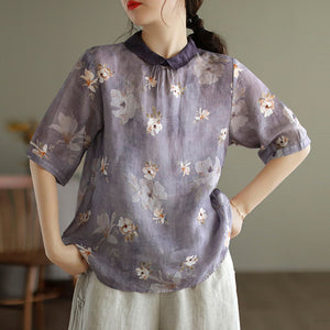 Áo sơ mi linen ngắn tay cổ pipi khuy cài sau in hoa lá - NU7407