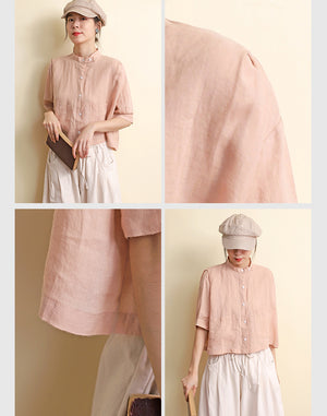 Áo sơ mi linen ngắn tay cổ đứng hai túi vuông  - NU7418