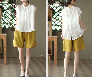Quần sooc linen lưng thun hai túi chéo một màu - NU7039