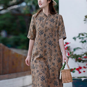 Đầm liền linen ngắn tay cổ V xếp ly khuy tròn in hoa lá - NU8437