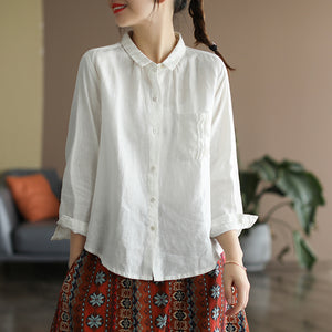 Áo sơ mi linen dài tay cổ pipi một túi xếp ly - NU6760