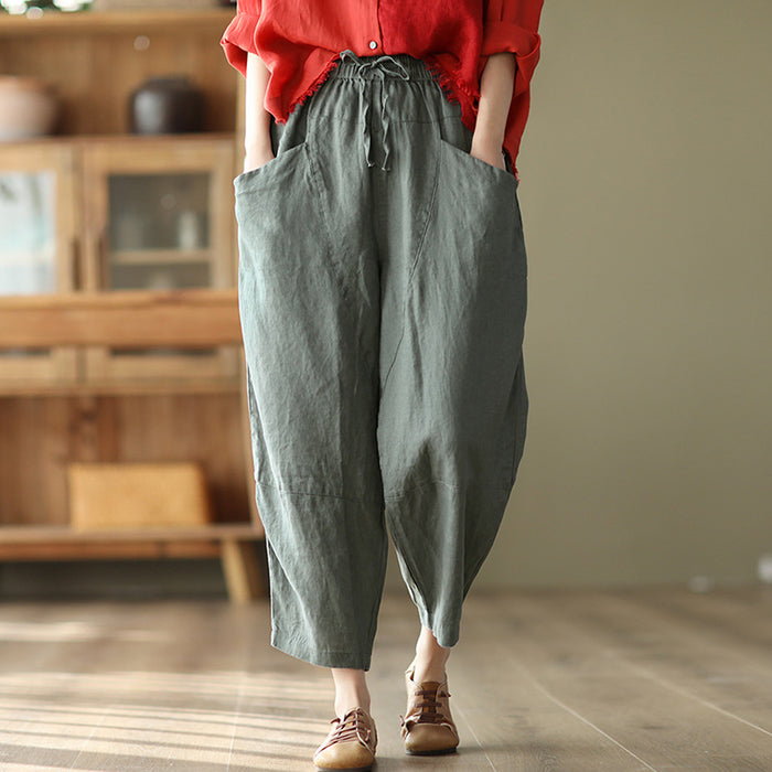 Quần baggy linen lưng thun dây rút ống rộng hai túi chéo - NU6865