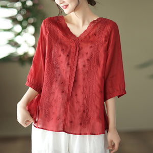 Áo sơ mi linen ngắn tay cổ V thêu ren và dây leo - NU7050