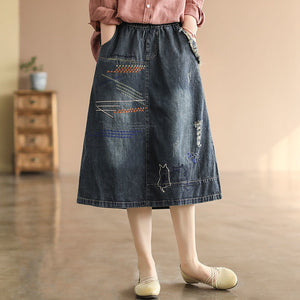 Chân váy denim lưng thun thêu hai chú mèo - V005