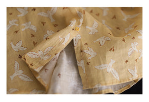 Áo sơ mi linen ngắn tay hai túi vuông in những chú chim - NU7433