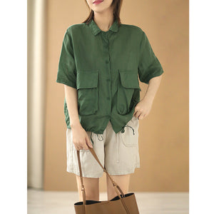Áo sơ mi linen ngắn tay cổ đức hai túi vương có dây rút - NU7491
