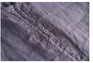 Áo sơ mi linen ngắn tay cổ lá sen ba khuy kiểu thêu hoa văn - NU7164