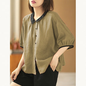 Áo sơ mi linen ngắn tay xếp li cổ pipi - NU7242
