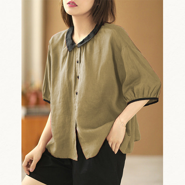 Áo sơ mi linen ngắn tay xếp li cổ pipi - NU7242