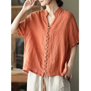 Áo sơ mi linen ngắn tay cổ đứng dây rút vạt áo - NU7016