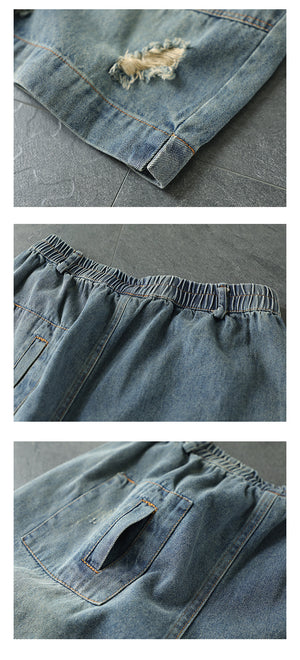 Quần sooc denim lưng thun túi vuông kiểu sờn rách - NU7119