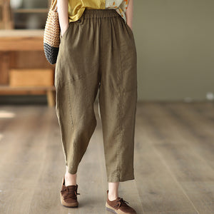 Quần baggy linen lưng thun kiểu đai đính khuy - NU7335