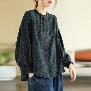 Áo sơ mi linen dài tay cổ tròn in hoa lá liti - NU8147