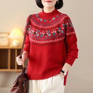 Áo len đan dài tay cổ lọ hoa văn retro trước ngực - NU8182