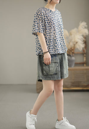 Quần sooc denim lưng thun một túi vuông kiểu sờn - NU7109