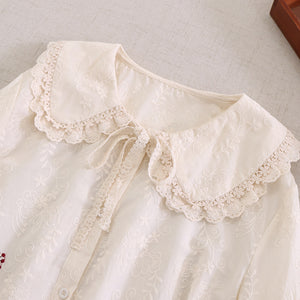 Áo sơ mi linen Morigirl dài tay thêu hoa lá túi tròn  - NU8319