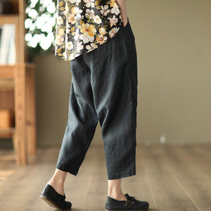 Quần baggy linen lưng thun ba túi thêu hoa lá - NU6815