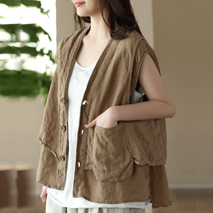 Áo sơ mi linen sát nách cổ V kiểu hai lớp túi vuông - NU8503