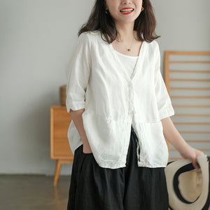 Áo sơ mi linen ngắn tay cổ V form rộng - NU5582