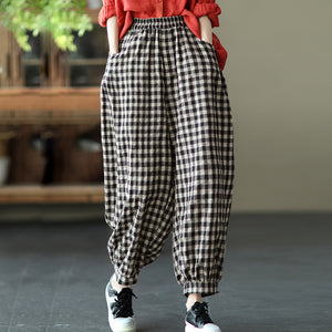 Quần baggy linen lưng thun kẻ sọc caro ống túm - NU7111