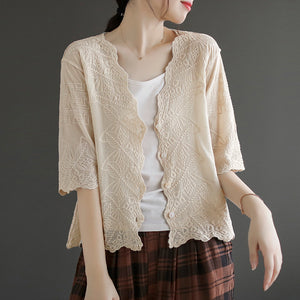 Áo khoác cardigan linen ngắn tay thêu hoa văn cổ V - NU8663