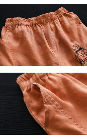 Quần baggy linen lưng thun thêu cô bé tóc xù - NU6830