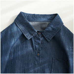 Đầm liền sơ mi denim dài tay cổ đức form rộng một túi - NU8243