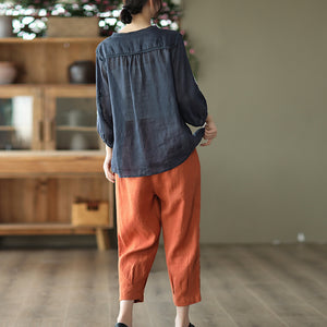 Áo sơ mi linen ngắn tay cổ V thêu hoa lá đối xứng - NU7526